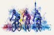 Blue watercolor paint of cyclist athlete on race bike by eiffel tower