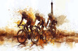 Brown watercolor paint of cyclist athlete on race bike by eiffel tower
