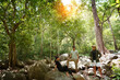Group of three Asian friends backpacking,two men and one woman, have a good relationship, hikingcamping in the middle of the forest at waterfall and streamsummer time trip.Vacation Lifestyle concept