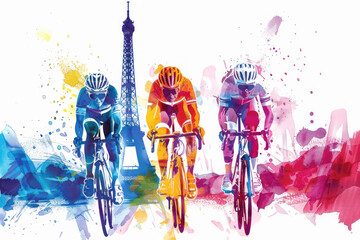 Wall Mural - Colorful watercolor paint of cyclist athlete on race bike by eiffel tower