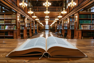 A book is open on a table in a library