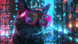 Cool cat with neon glasses in a vibrant cyberpunk cityscape.