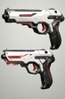 A pair of futuristic pistols with white and red accents