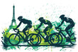 Green watercolor paint of cyclist athlete on race bike by eiffel tower