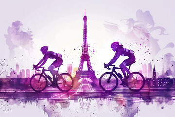 Wall Mural - Purple watercolor paint of cyclist athlete on race bike by eiffel tower