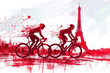 Red watercolor paint of cyclist athlete on race bike by eiffel tower