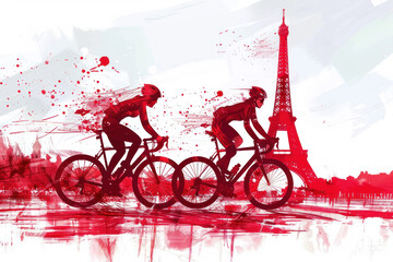 Wall Mural - Red watercolor paint of cyclist athlete on race bike by eiffel tower