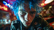 A young punk man with blue hair in neon lighting