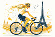 Yellow watercolor paint of cyclist athlete on race bike by eiffel tower