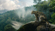 Leopardo nebuloso em cima de uma rocha na floresta