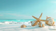 Tranquil beach scene with starfish and shells on white sand against a turquoise sea backdrop