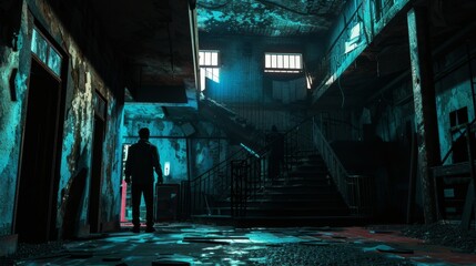 Wall Mural - a man standing in a dark room with stairs and a person walking up