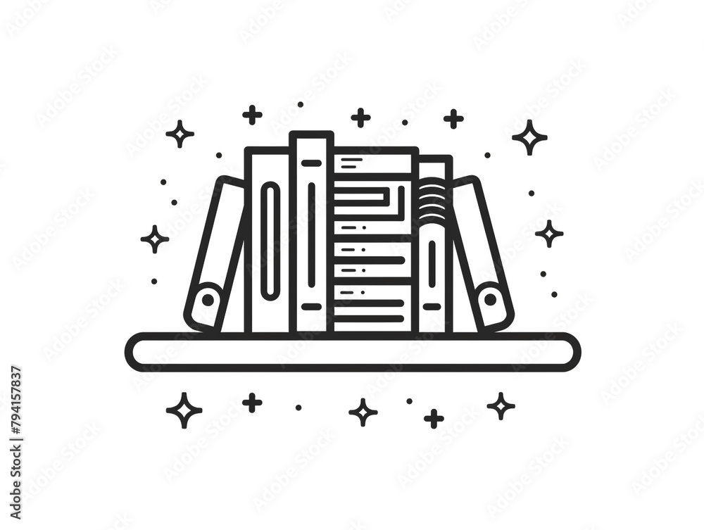 Outline icon of a book on a bookshelf. Black line and minimal style ...