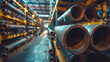 Steel pipes in industrial warehouse