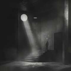 Wall Mural - a person standing on stairs in a dark room with a light shining through the ceiling