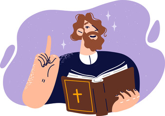 Sticker - Man priest with bible points finger up, giving instructions to parishioners, want to join christian religion. Book with catholic cross in hands of priest from church reading sermon about god