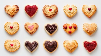 heart shaped cookies and biscuits arranged in pattern love and valentines day concept isolated on white