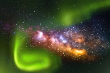 Wall Mural - Night starry sky. Green aurora borealis. Milky Way and Northern lights