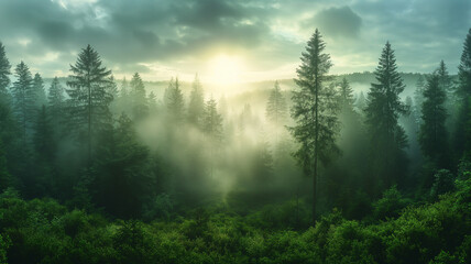 Wall Mural - A forest with foggy trees and a sun in the sky
