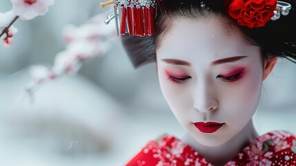 Wall Mural - A geisha adorned in crimson robes amidst a serene white landscape