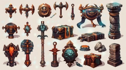 A set of various artifacts of 2D game objects on a light background