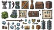 A set of various artifacts of 2D game objects on a light background