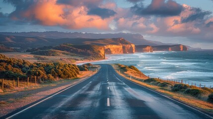 Aufkleber - A road with a beautiful view of the ocean. The road is wet and the sky is cloudy