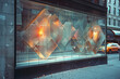 A window display featuring a series of panes that shift from square to more complex geometric shapes