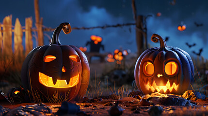 Wall Mural - Halloween pumpkins with scary faces at night. 3D rendering. Halloween pumpkins in the forest at night.Halloween background with Evil Pumpkin. Spooky scary dark Night forrest. 