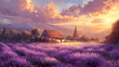 A painting of a house in a field of lavender
