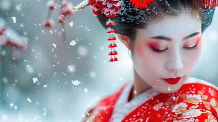 Wall Mural - A geisha in vibrant red attire against a snowy backdrop