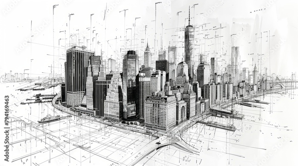 Detailed black and white architectural drawing of a bustling cityscape ...