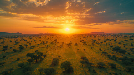 Poster - A large field of trees with a sun in the sky