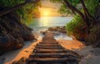 Wooden bridge leading to the beach, sunlight shining through trees, nature background, tropical island landscape
