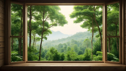  Serene Eco Tourism and Nature Retreat: Forest View Through Window Frame in Relaxation Area