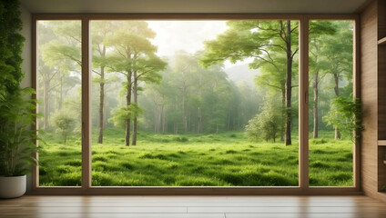  Serene Forest View Through Window, Perfect for Eco-Friendly Businesses and Nature Retreats - Stock Photo