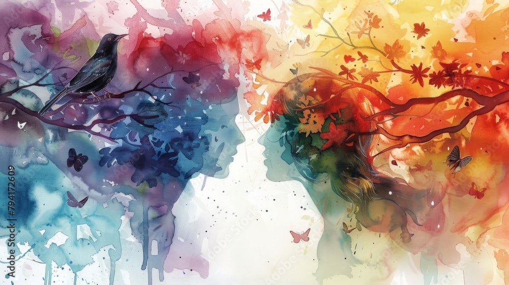 watercolor painting of two people facing each other with a tree growing ...