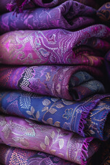 Fototapete - A line of home decor textiles featuring patterns in shades of violet, each layer adding a different