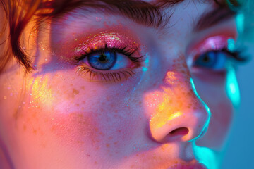 Poster - A makeup tutorial series featuring neon eyeshadows and liners, demonstrated against a backdrop of so