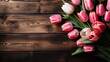 Pink tulips on a rustic wooden background.  Generative ai.