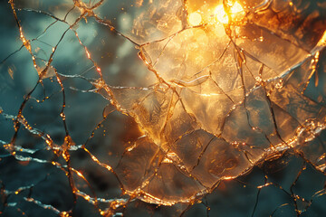 Poster - A photograph of intricate glasswork, with cracks and separations filled with light to symbolize the