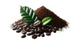 © Tanicsean - A small group of coffee beans in the foreground, with a glossy dark brown surface and a single green coffee leaves on a transparent background