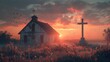 reverence of the moment with a cross standing in front of a church, silhouetted against the soft hues of dawn breaking over the horizon.