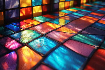 Aufkleber - A piece of stained glass that filters sunlight into a gradient, casting colorful shadows that change