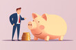 Business graphic vector modern style illustration of a business person with a piggy bank representing investing saving cash money funds frugal accounting end of year report statement finance