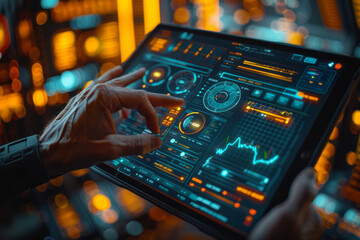 Poster - A scene depicting a fintech developer testing new financial tracking software on a tablet, analyzing