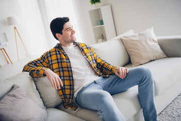 Sticker - Photo of dreamy cheerful guy dressed plaid shirt relaxing sofa enjoying weekend indoors room home house