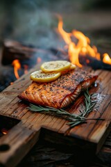 Wall Mural - A piece of grilled salmon is displayed on a wooden cutting board