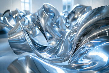 Aufkleber - A series of abstract sculptures made from twisted sheets of chrome and steel, arranged to reflect li