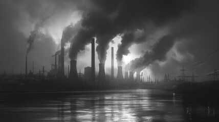 Wall Mural - A black and white photo of a city with a large industrial area